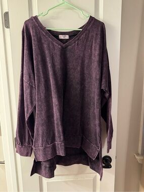 Zenana Outfitters Plum Mineral Wash V-Neck Pullover